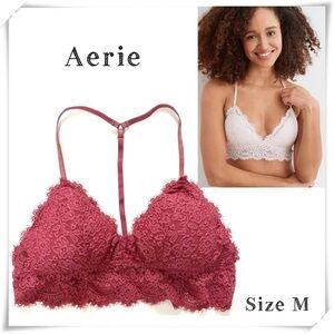 Aerie Eyelash Padded Bralette Lace T-Strap Back Bra in Pink Coral Size M